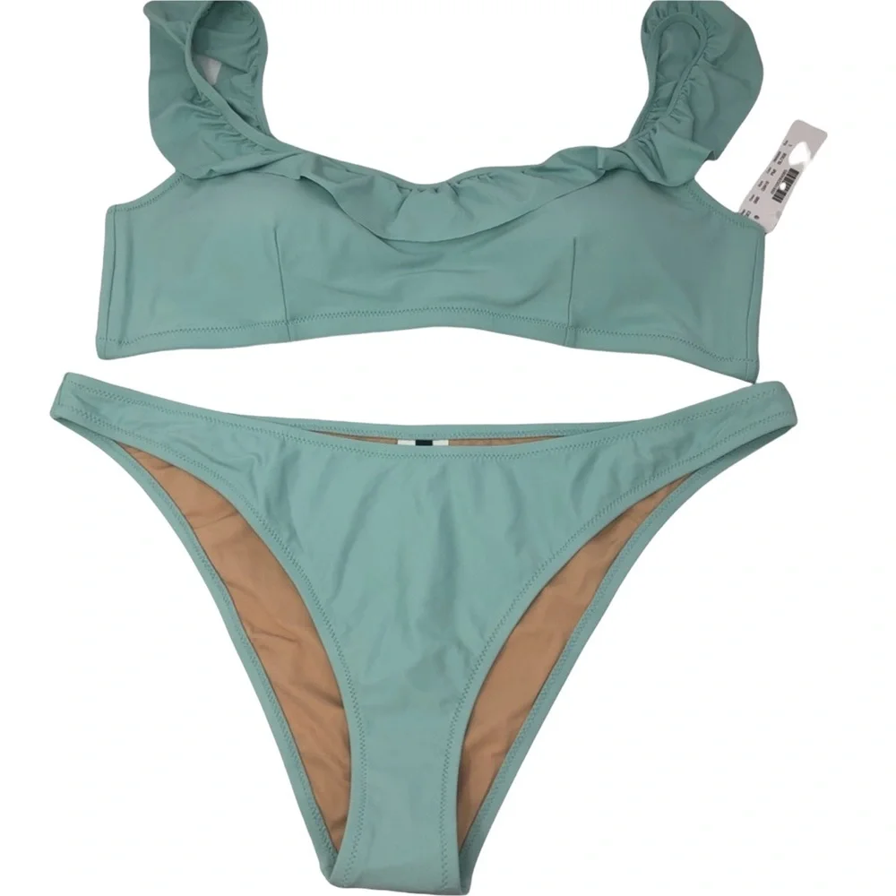 J. Crew Ruffle 1989 High-leg Bikini in Pale Mint Size Large NWT